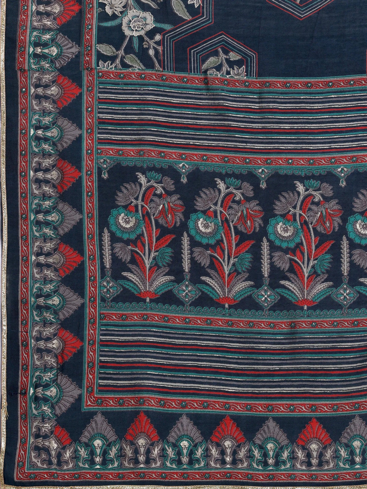 Anouk Blue Printed Silk Blend A-Line Kurta With Palazzos & Dupatta