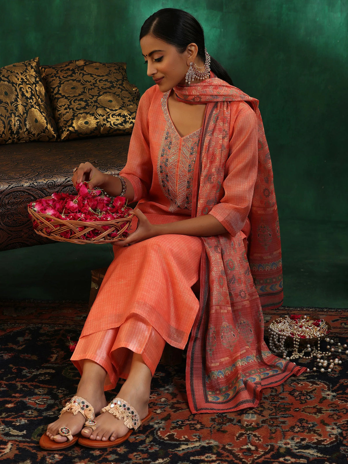 Anouk Peach Yoke Design Silk Blend Straight Suit With Dupatta