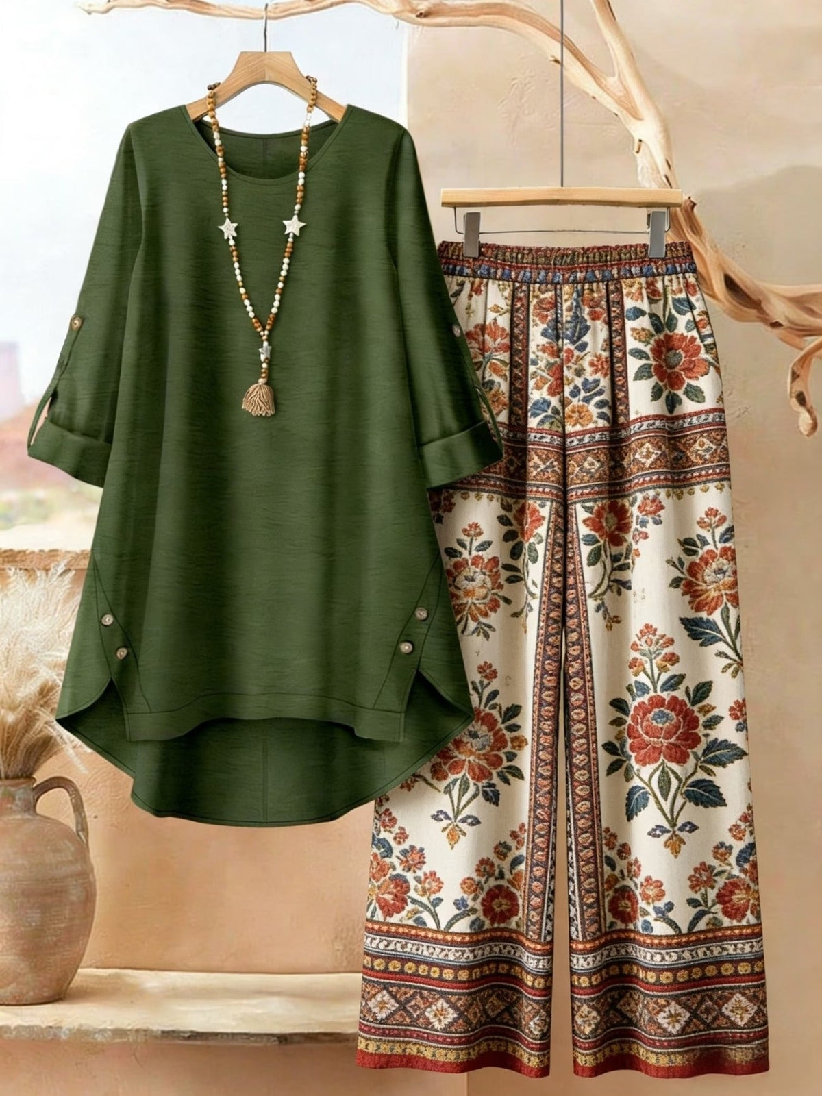 Plus Size Retro Print Two-Piece Set – Casual Long Sleeve Top & Comfortable Pants Outfit for Women