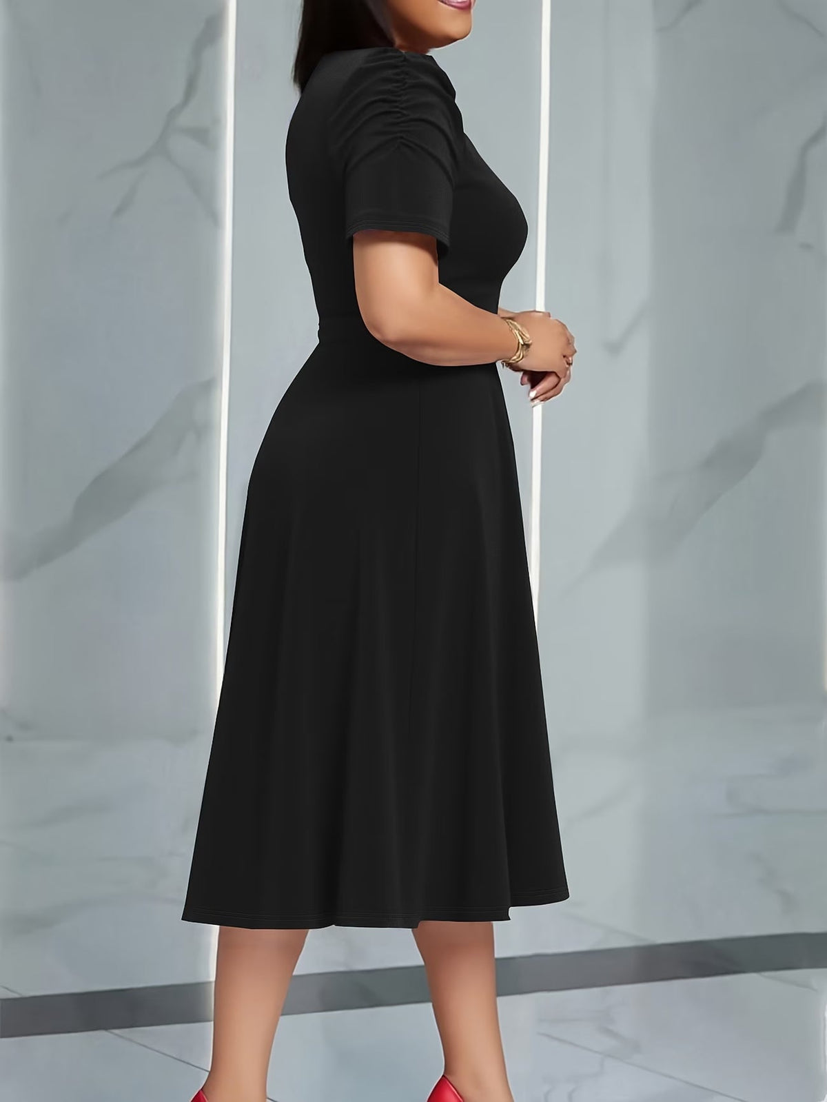 Women's Elegant V-Neck Ruffle Midi Dress with Waist Belt