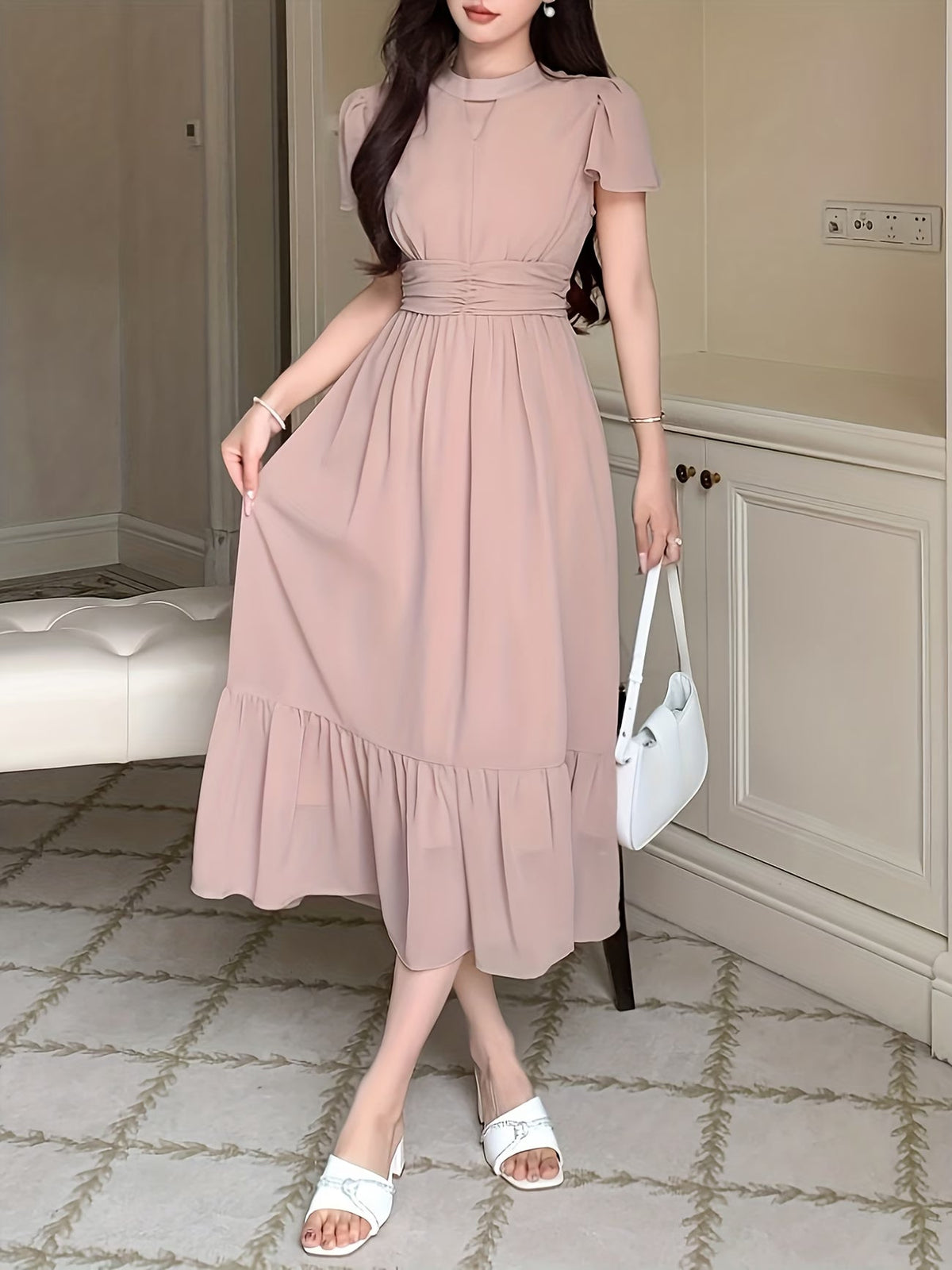 Women's Elegant Pleated Waist Ruffle Hem Maxi Dress