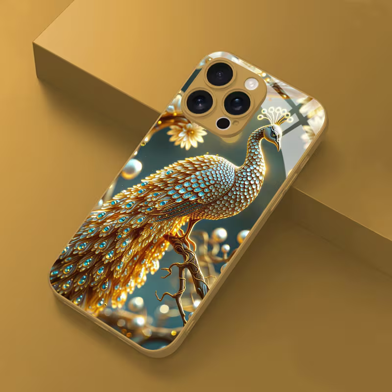 Luxury Golden Peacock Feather Glass Case for iPhone 📱✨