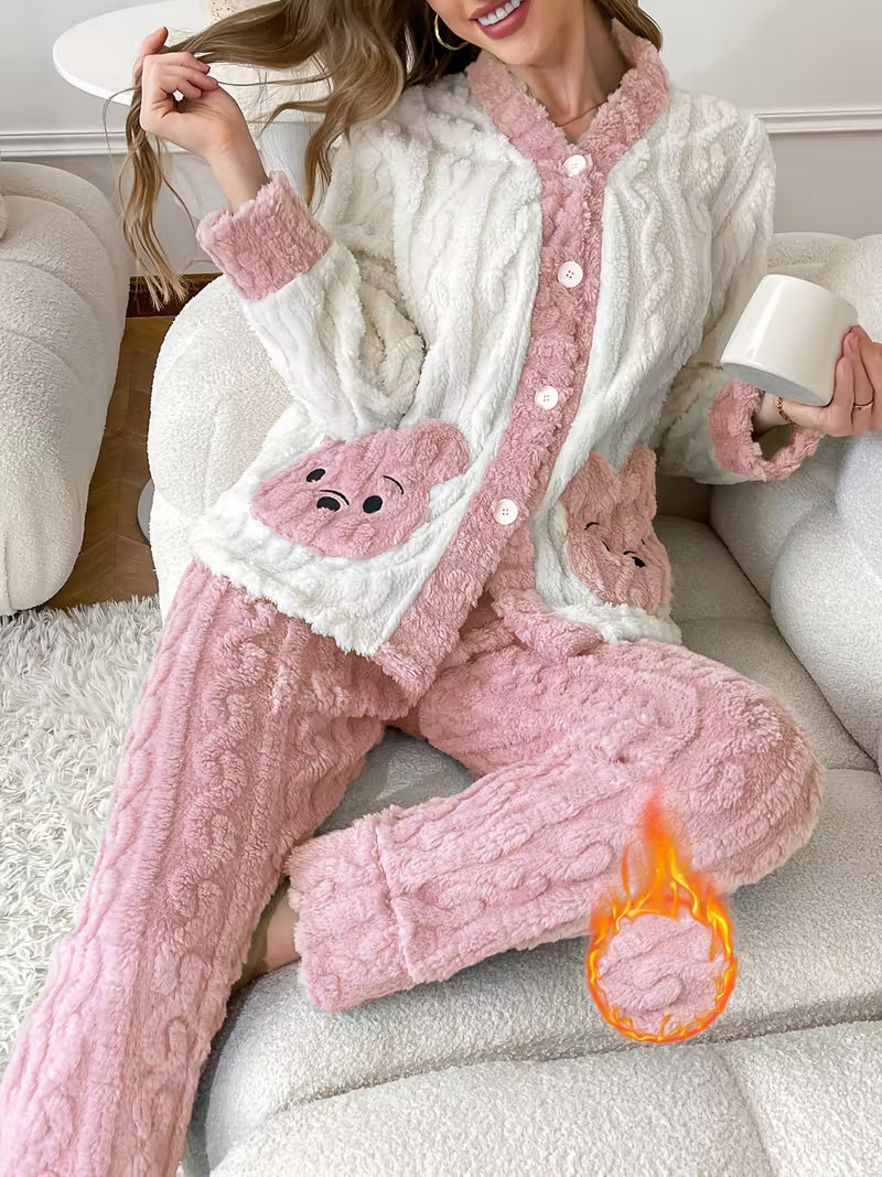 Pack Of 2 Women’s Winter Loungewear Set – Bear Embroidery, Soft And Comfortable