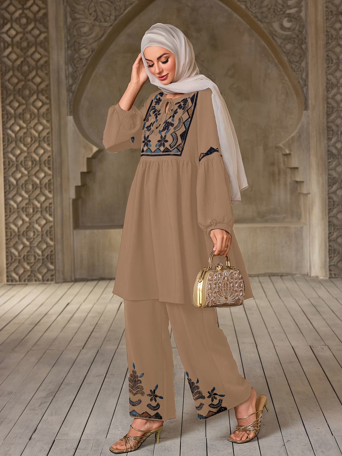 Women's Elegant Rhinestone Detail Long Sleeve Top & Wide-Leg Pants Set