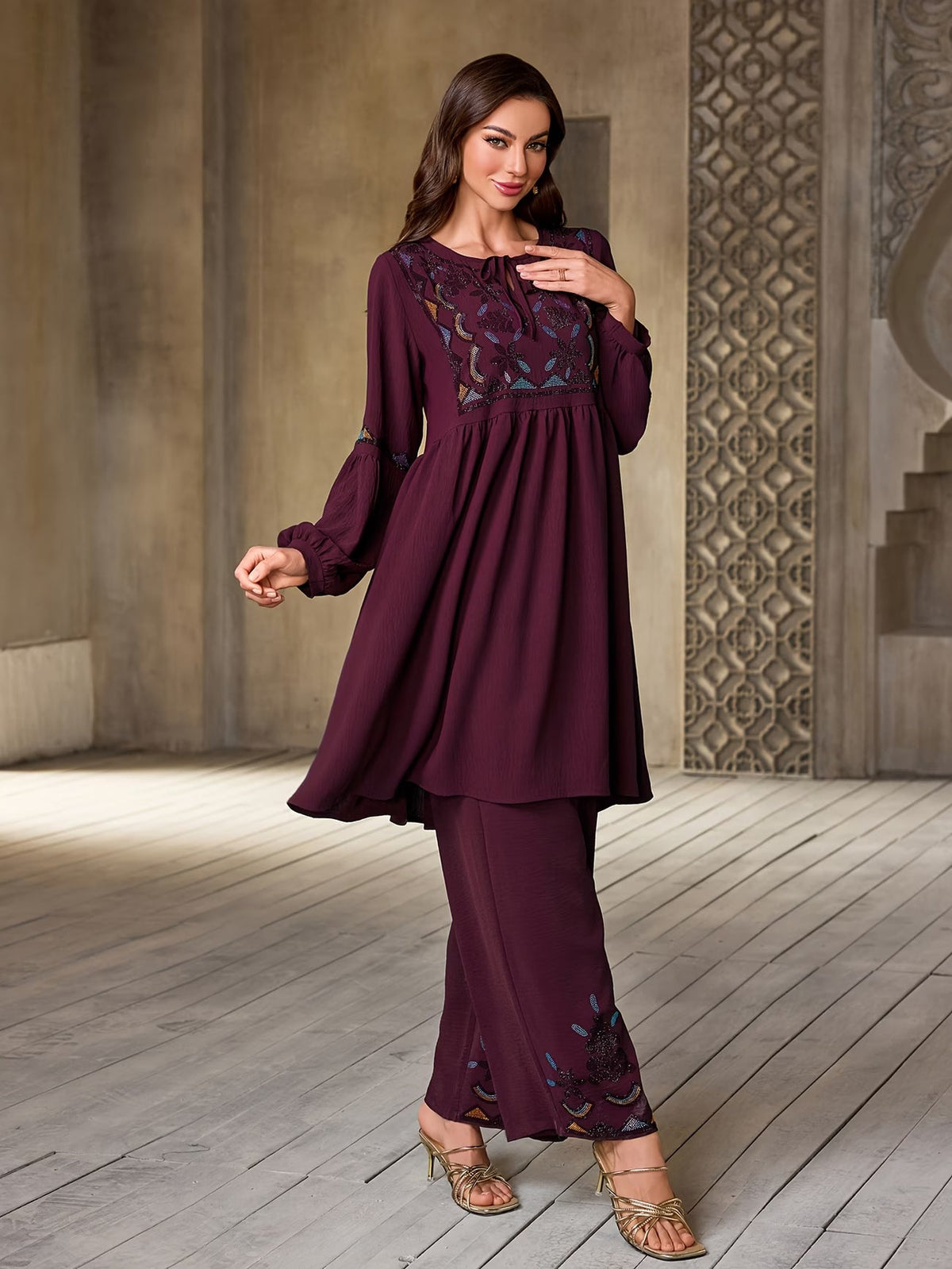 Women's Elegant Rhinestone Detail Long Sleeve Top & Wide-Leg Pants Set