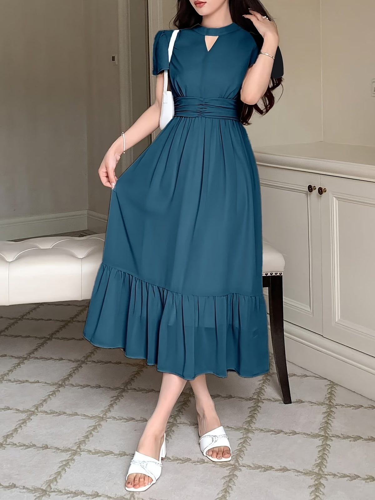 Women's Elegant Pleated Waist Ruffle Hem Maxi Dress