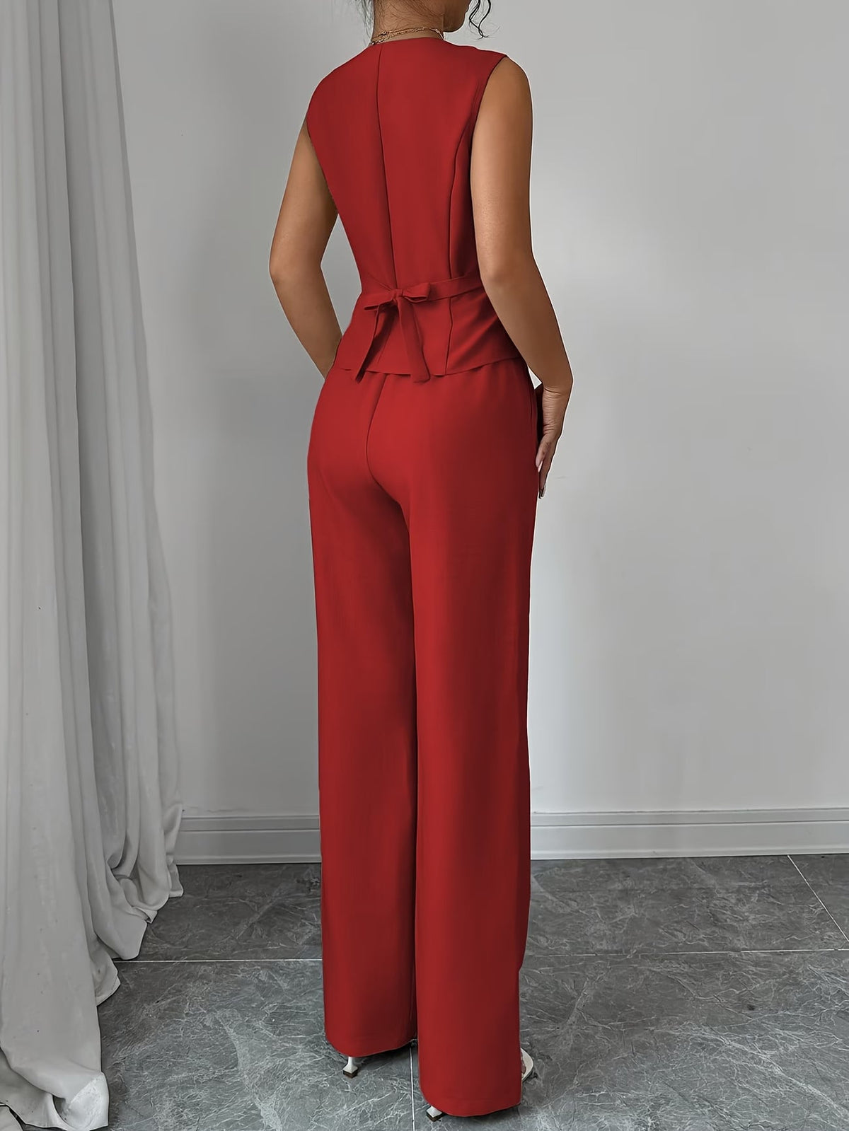 Women's Sleeveless Waist-Cinched Vest & Wide-Leg Pants Two-Piece Set
