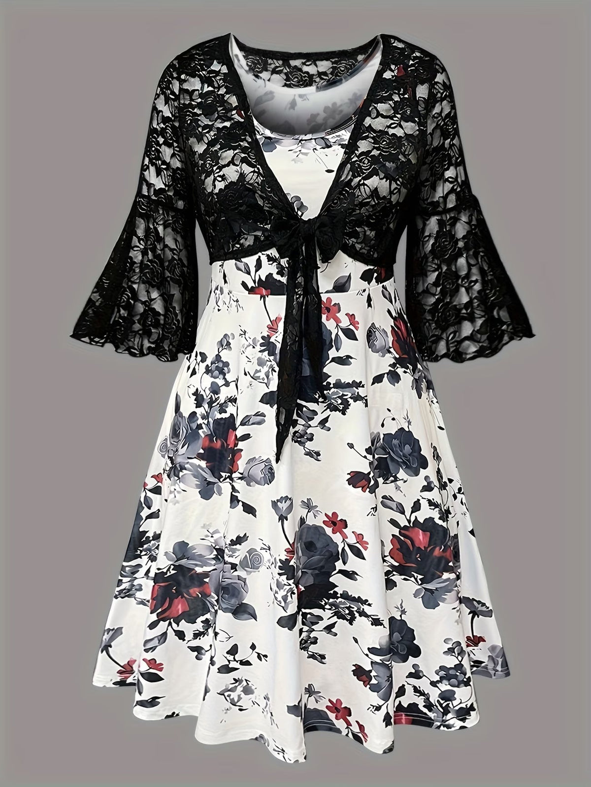 Plus Size Women Elegant Lace Coat & Printed Vest Dress 2-Piece Outfit Set