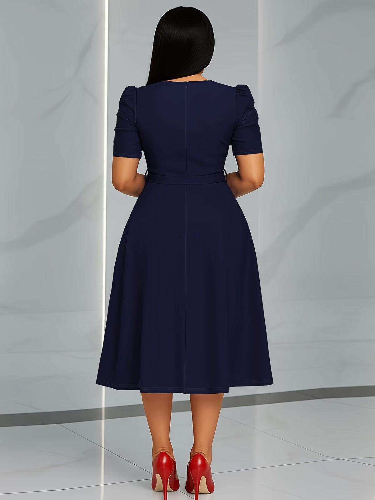 Women's Elegant V-Neck Ruffle Midi Dress with Waist Belt