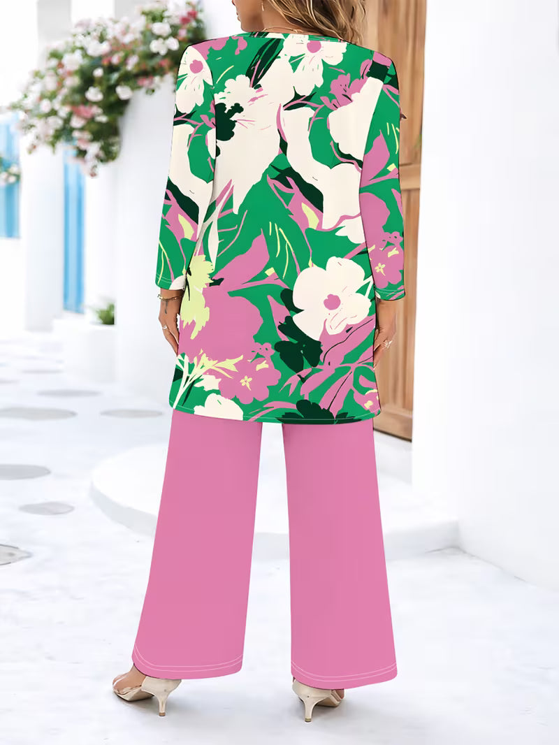 Women’s Long-Sleeve Floral Suit – Light Red Flowers on Gray, Casual & Vacation Wear