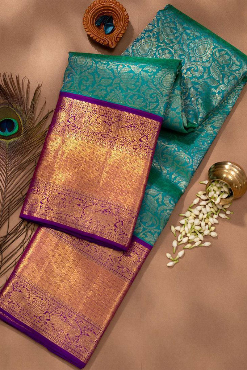 Tremendous Rama Soft Silk Saree With Elision Blouse Piece