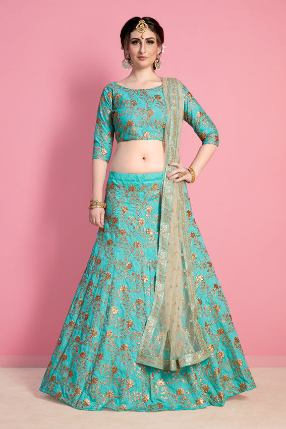 Sea-Green Art Silk Lehenga Choli With All Over Zari Embroidery And Soft Net Dupatta