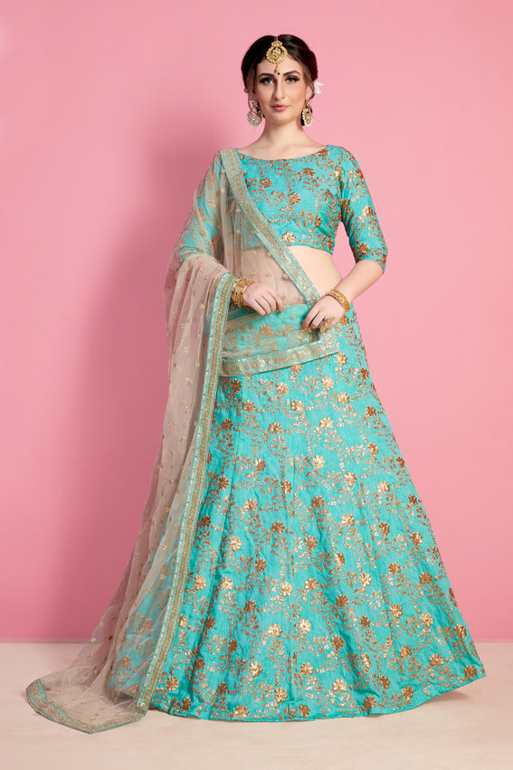 Sea-Green Art Silk Lehenga Choli With All Over Zari Embroidery And Soft Net Dupatta