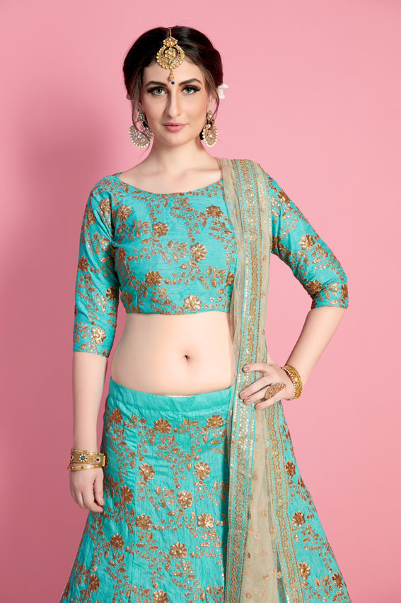 Sea-Green Art Silk Lehenga Choli With All Over Zari Embroidery And Soft Net Dupatta