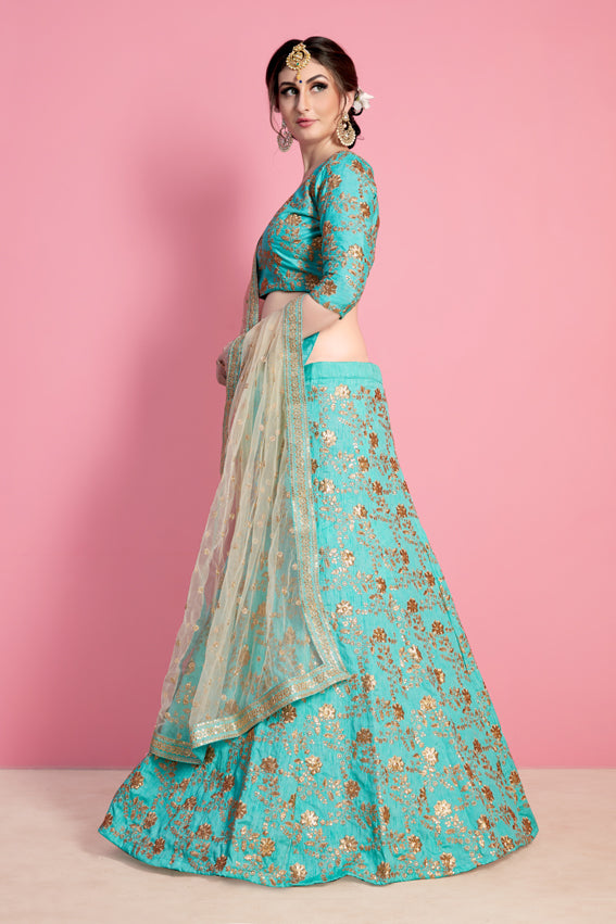 Sea-Green Art Silk Lehenga Choli With All Over Zari Embroidery And Soft Net Dupatta