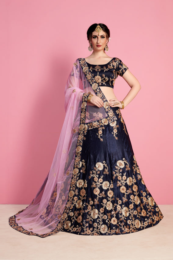 Patriot-Blue Velvet Silk Lehenga Choli With All Over Floral Golden Thread Embroidery And Pink Designer Dupatta