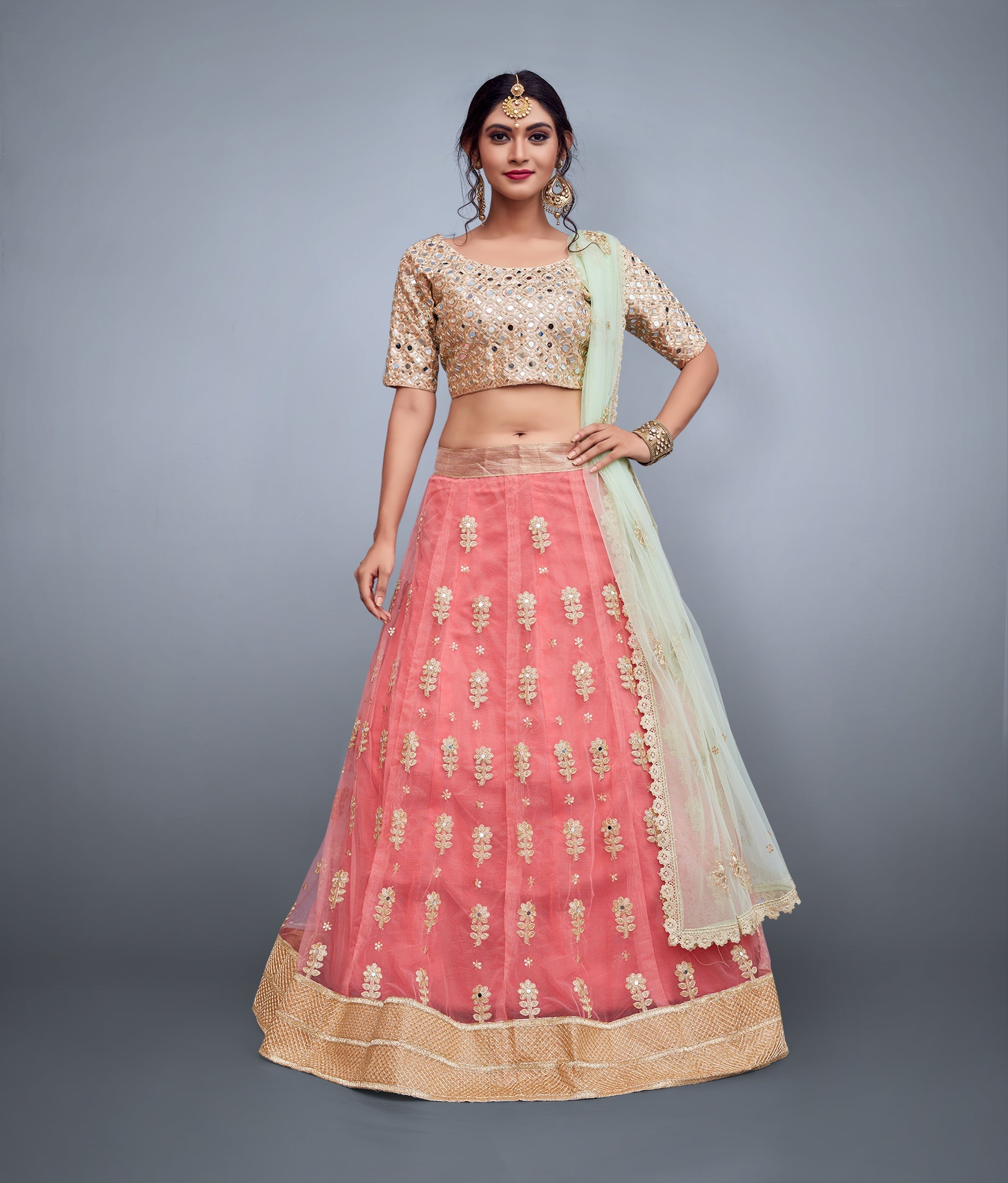 Pink Embroidered Art Silk Semi Stitched Lehenga With Unstitched Blouse