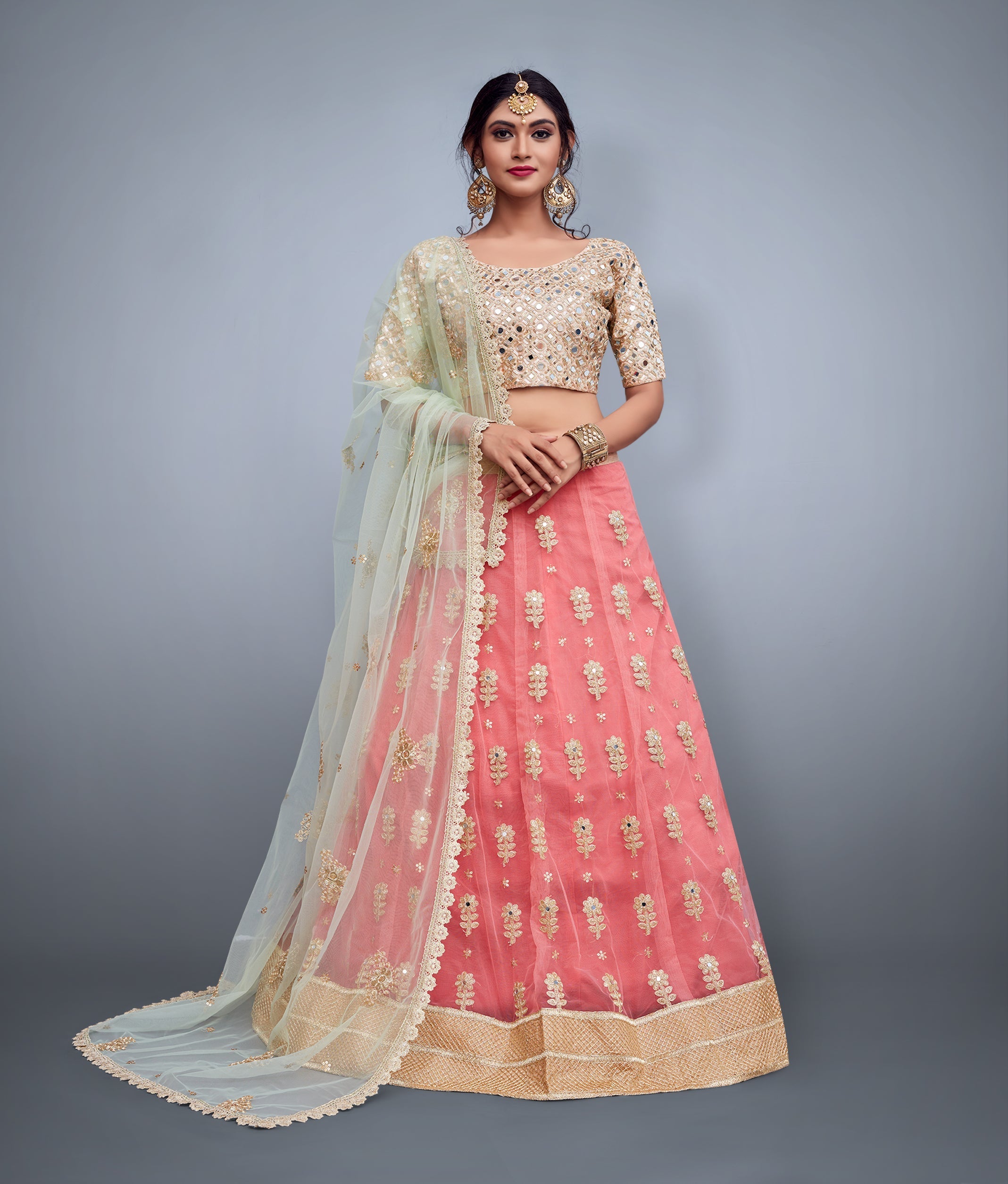 Pink Embroidered Art Silk Semi Stitched Lehenga With Unstitched Blouse