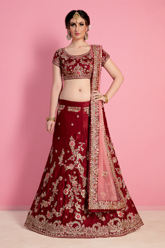Bright-Red Velvet Silk Designer Lehenga Choli With All Over Zari Sequin Work And Soft Net Dupatta
