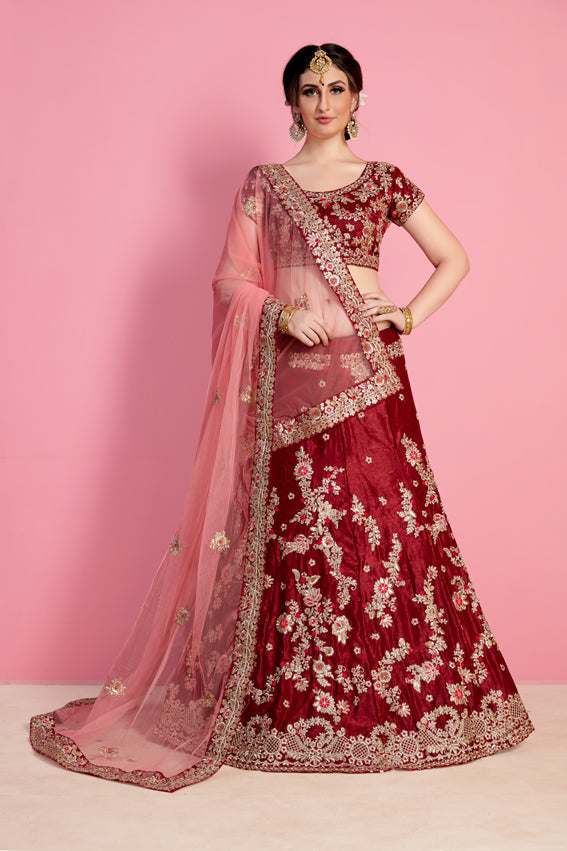 Bright-Red Velvet Silk Designer Lehenga Choli With All Over Zari Sequin Work And Soft Net Dupatta