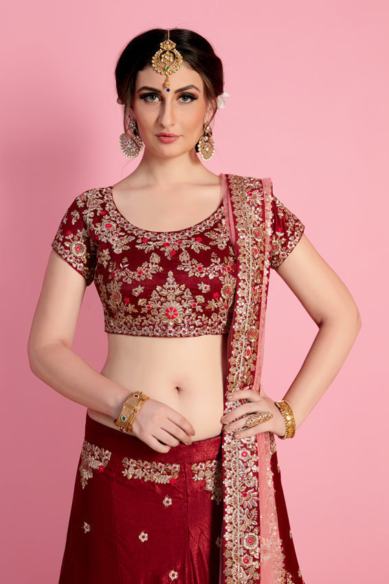 Bright-Red Velvet Silk Designer Lehenga Choli With All Over Zari Sequin Work And Soft Net Dupatta