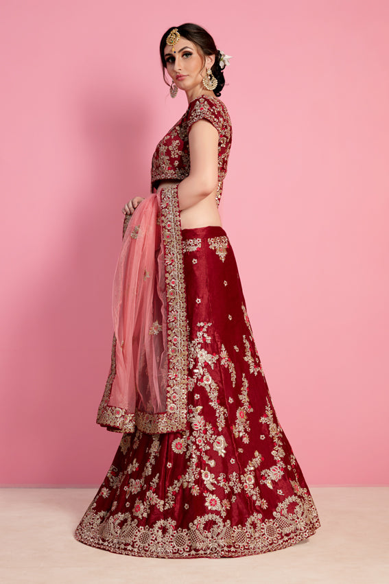 Bright-Red Velvet Silk Designer Lehenga Choli With All Over Zari Sequin Work And Soft Net Dupatta