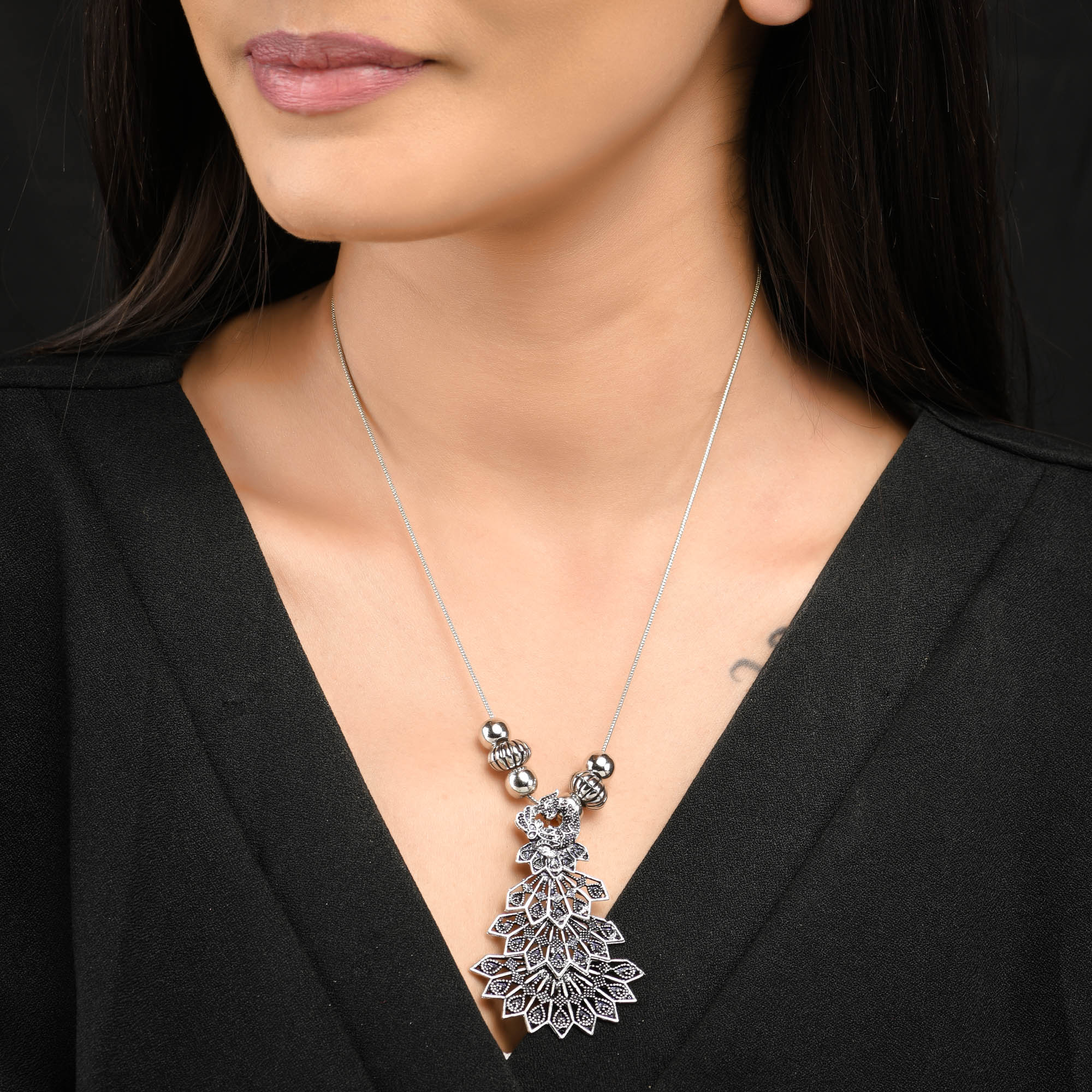 Sukriti Trending Stylish Oxidized German Silver Peacock styled Chain Pendent Fashion Jewelry for Women & Girls