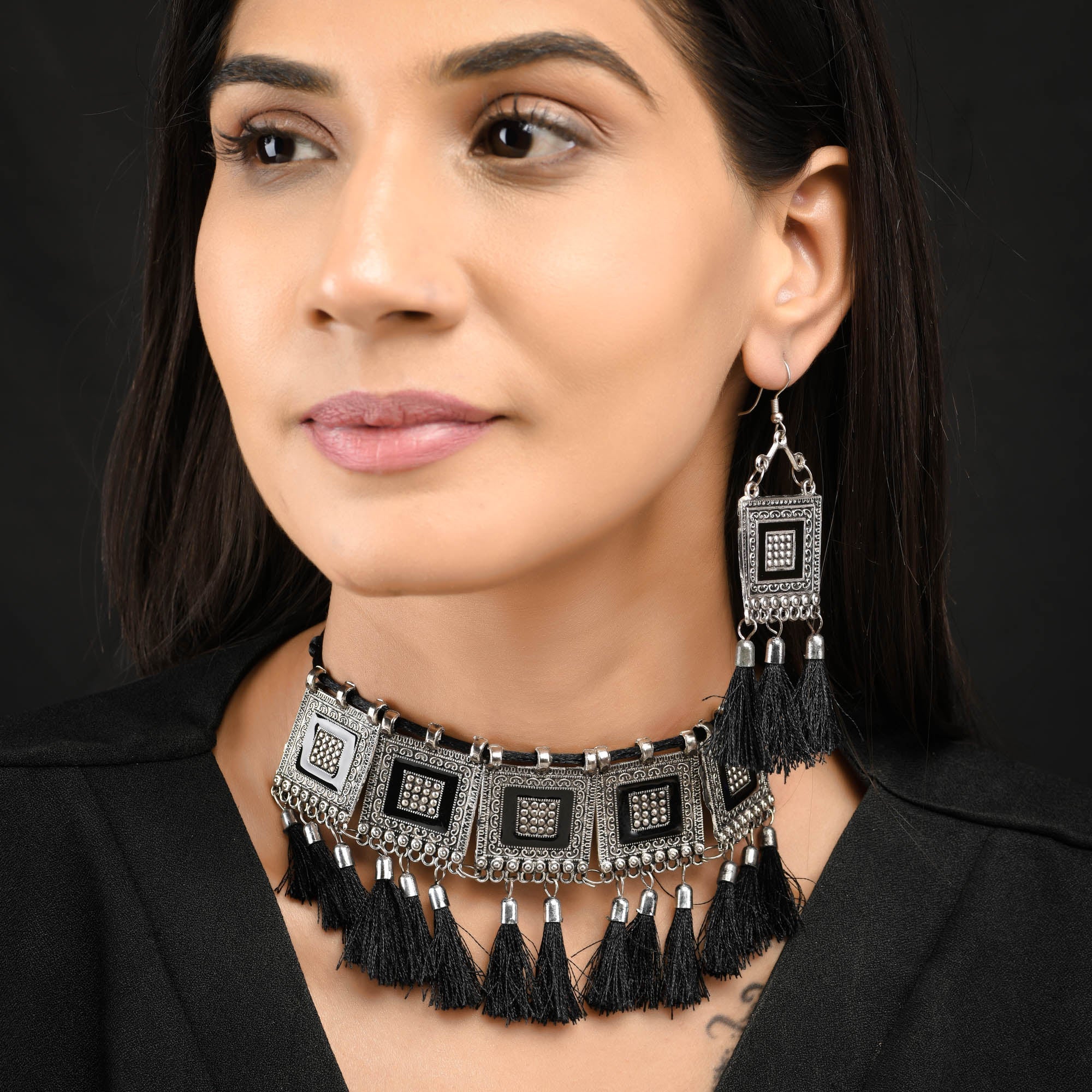 Sukriti Oxidized German Silver Black Silk Thread Choker Necklace Earring Set Gujrati style for Women & Girls