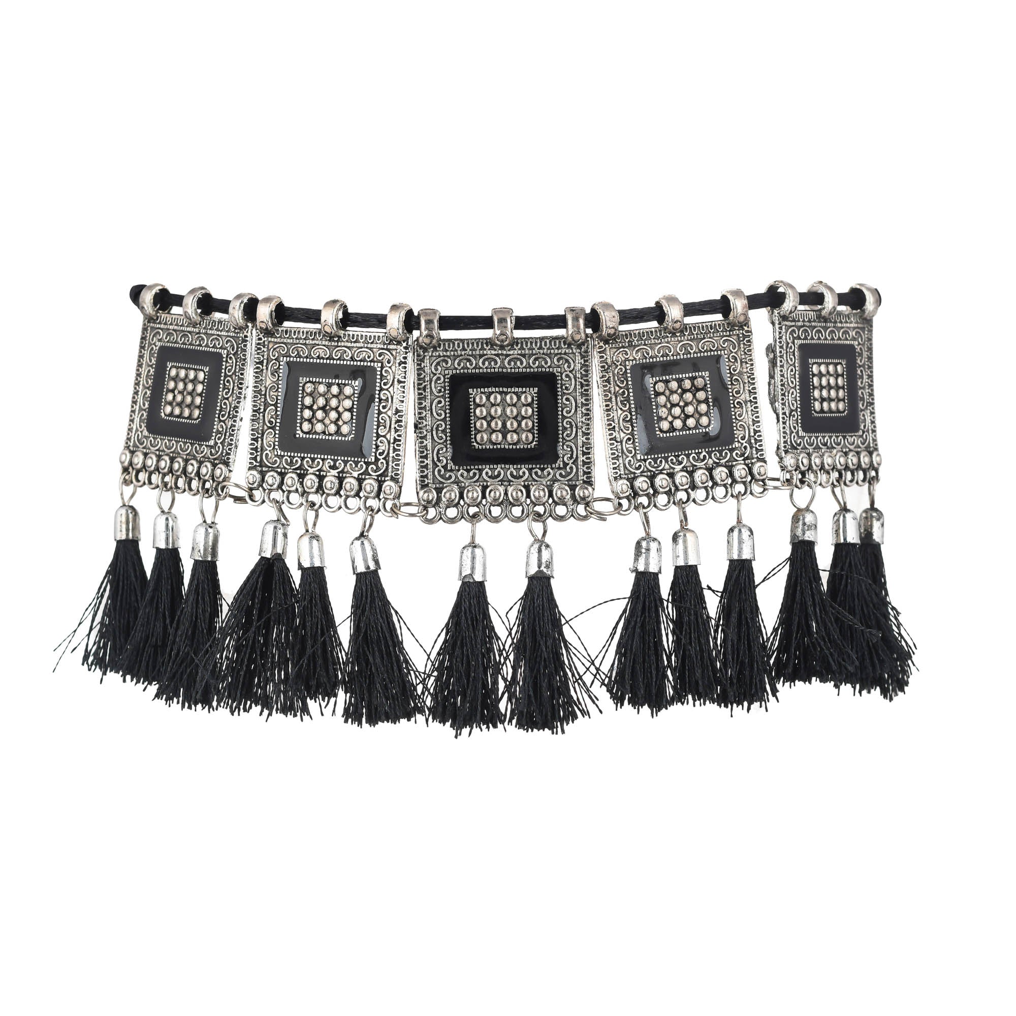 Sukriti Oxidized German Silver Black Silk Thread Choker Necklace Earring Set Gujrati style for Women & Girls