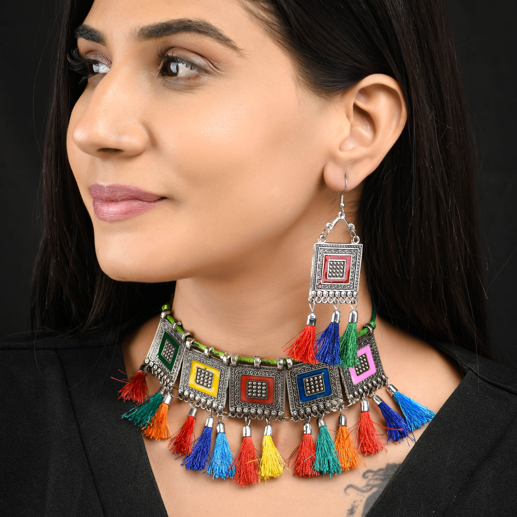 Sukriti Oxidized German Silver Silk Thread Multicolor Choker Necklace Earring Set Gujrati style for Women & Girls