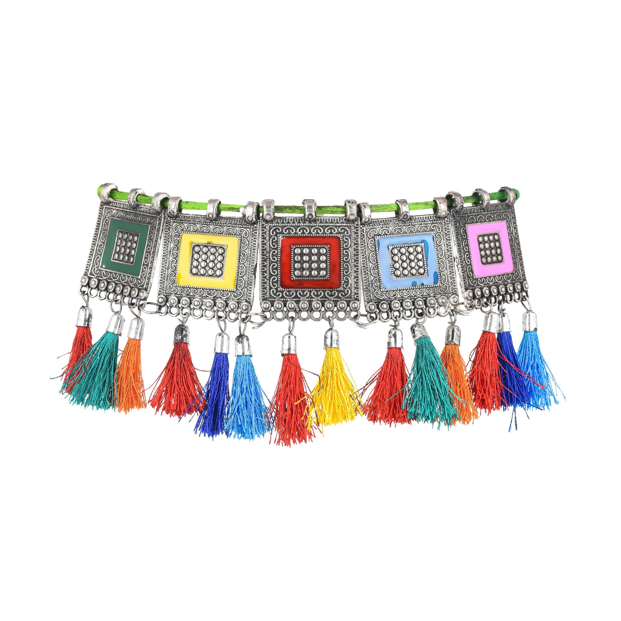 Sukriti Oxidized German Silver Silk Thread Multicolor Choker Necklace Earring Set Gujrati style for Women & Girls