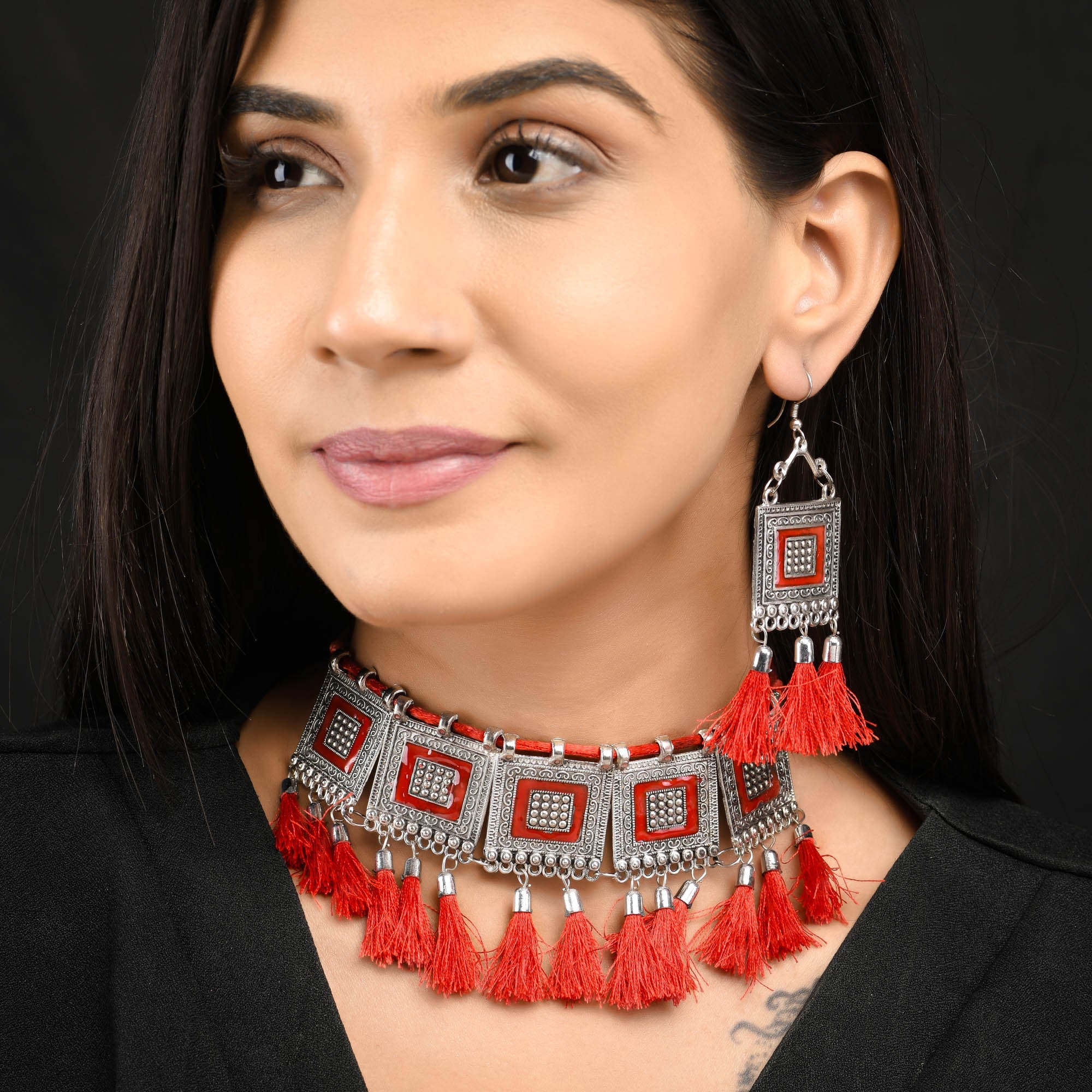 Sukriti Oxidised German Silver Silk Thread Red Choker Necklace Earring Set Gujrati style for Women & Girls