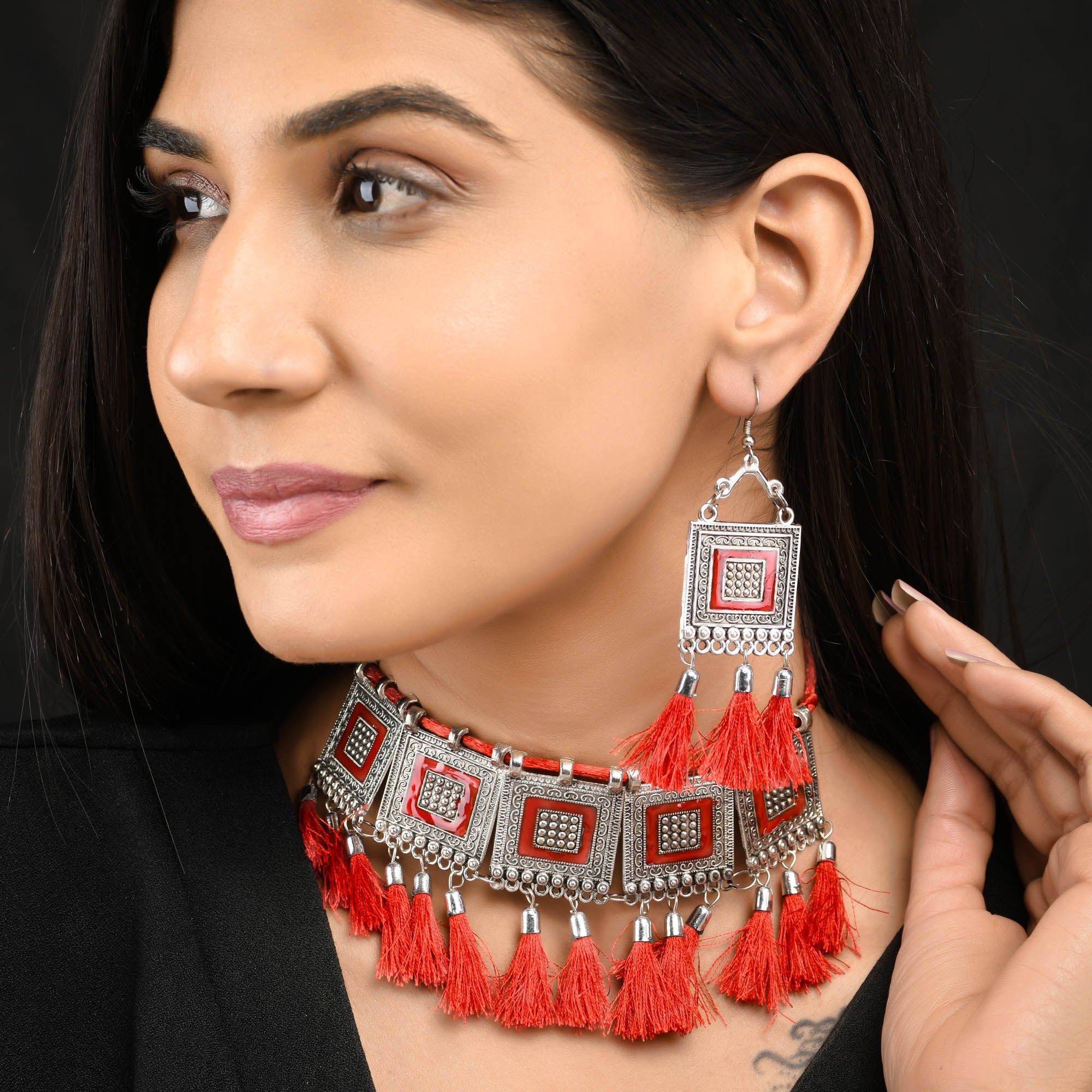 Sukriti Oxidised German Silver Silk Thread Red Choker Necklace Earring Set Gujrati style for Women & Girls