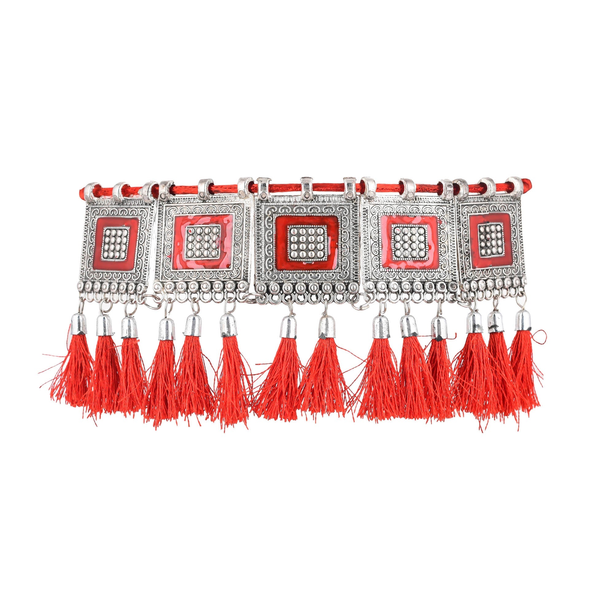 Sukriti Oxidised German Silver Silk Thread Red Choker Necklace Earring Set Gujrati style for Women & Girls