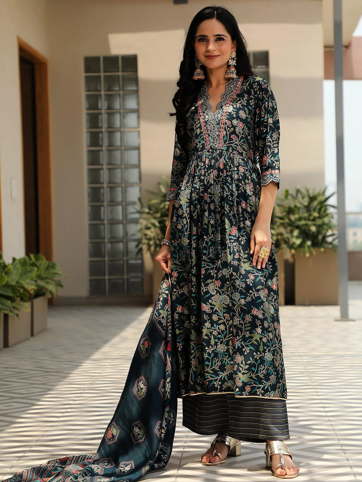 Anouk Blue Printed Silk Blend A-Line Kurta With Palazzos & Dupatta