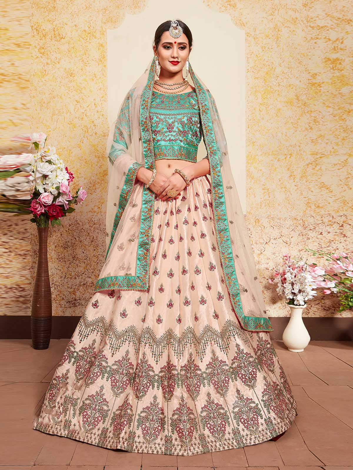 Peach Elegant Semi Stitched Lehenga With Unstitched Blouse