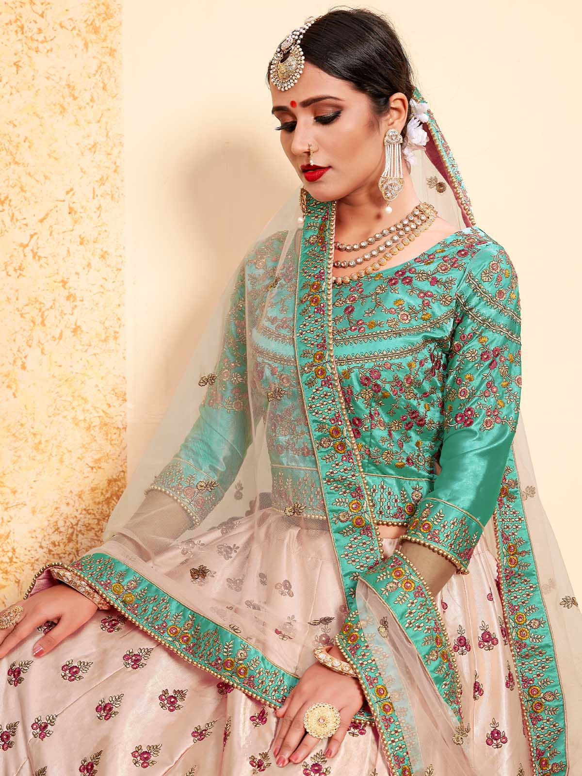 Peach Elegant Semi Stitched Lehenga With Unstitched Blouse
