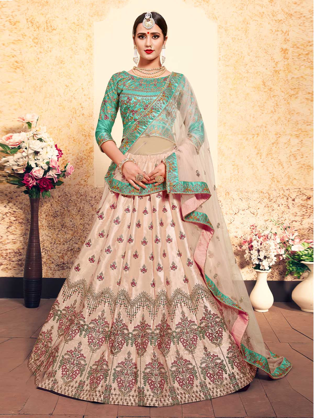 Peach Elegant Semi Stitched Lehenga With Unstitched Blouse