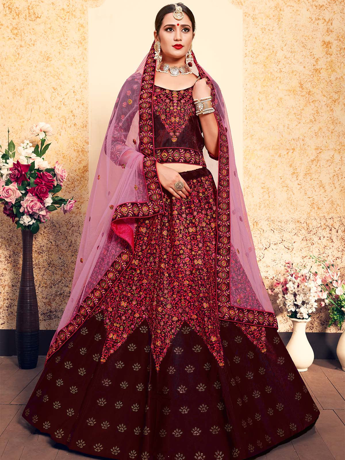 Embroidered Modern Maroon Semi Stitched Lehenga With Unstitched Blouse