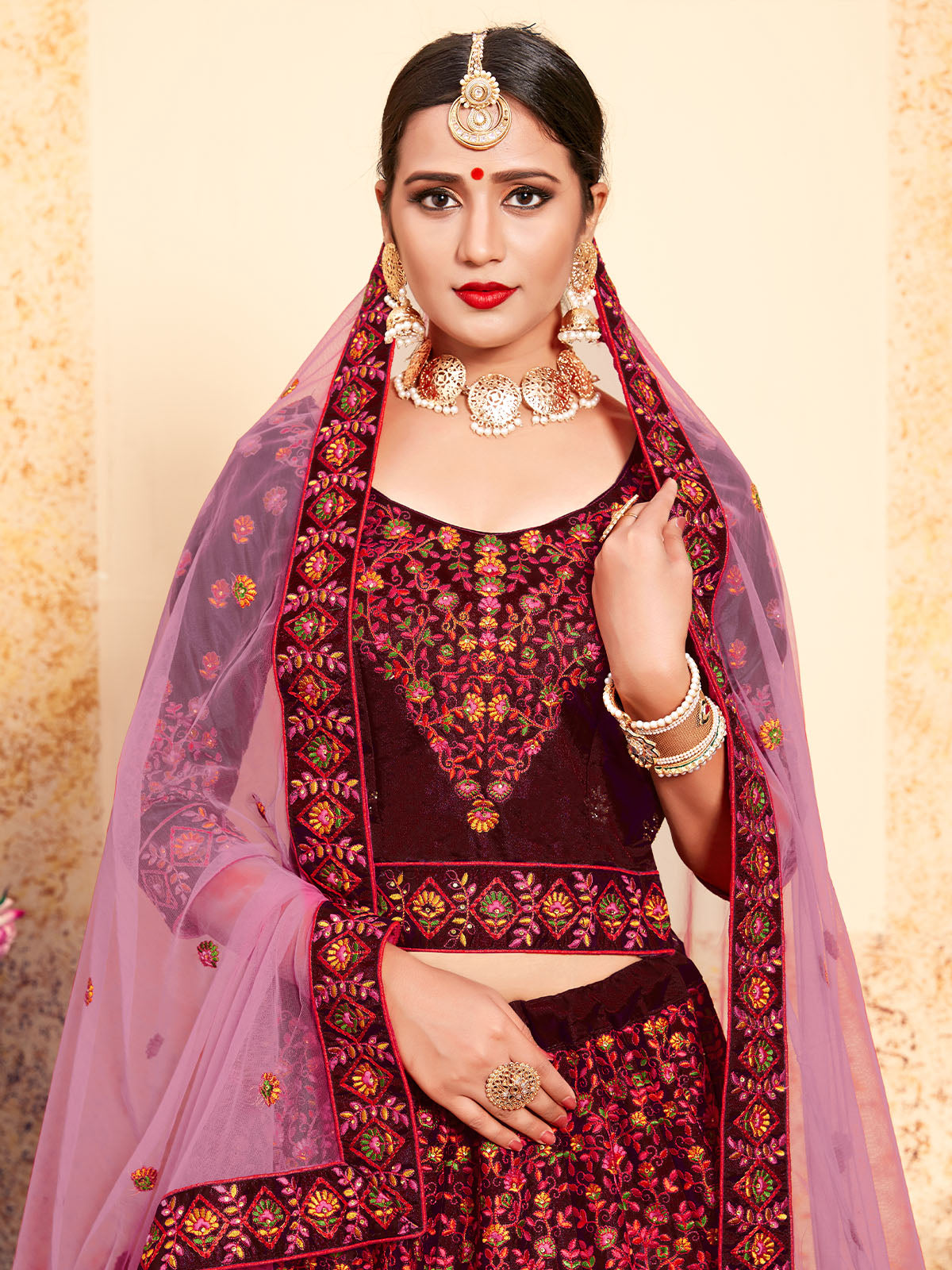 Embroidered Modern Maroon Semi Stitched Lehenga With Unstitched Blouse