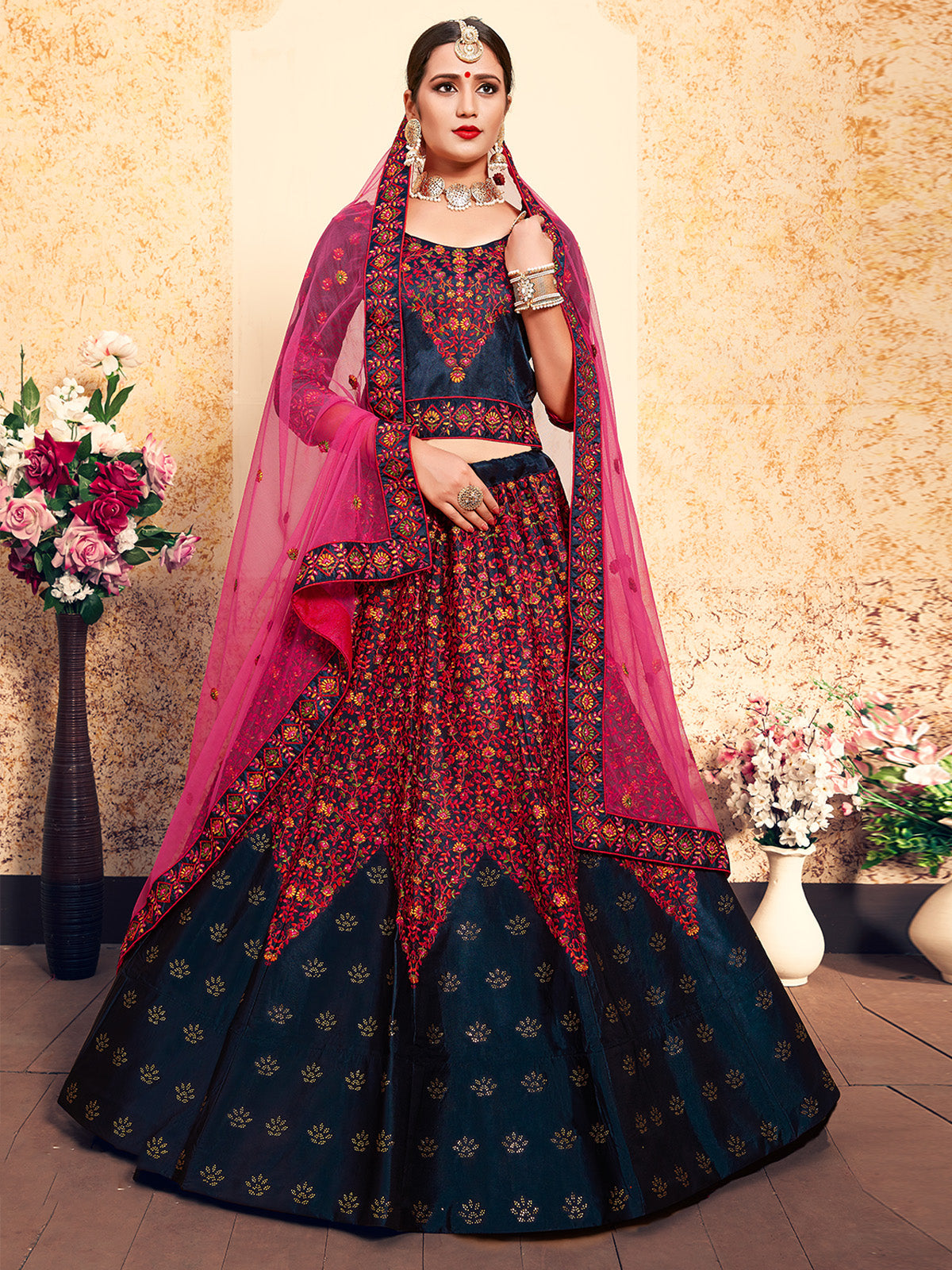 Dark Blue Designer Semi Stitched Lehenga With Unstitched Blouse