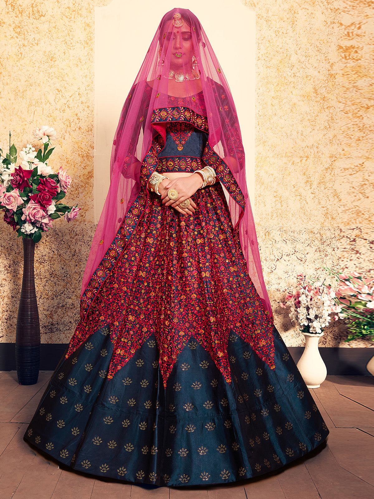 Dark Blue Designer Semi Stitched Lehenga With Unstitched Blouse