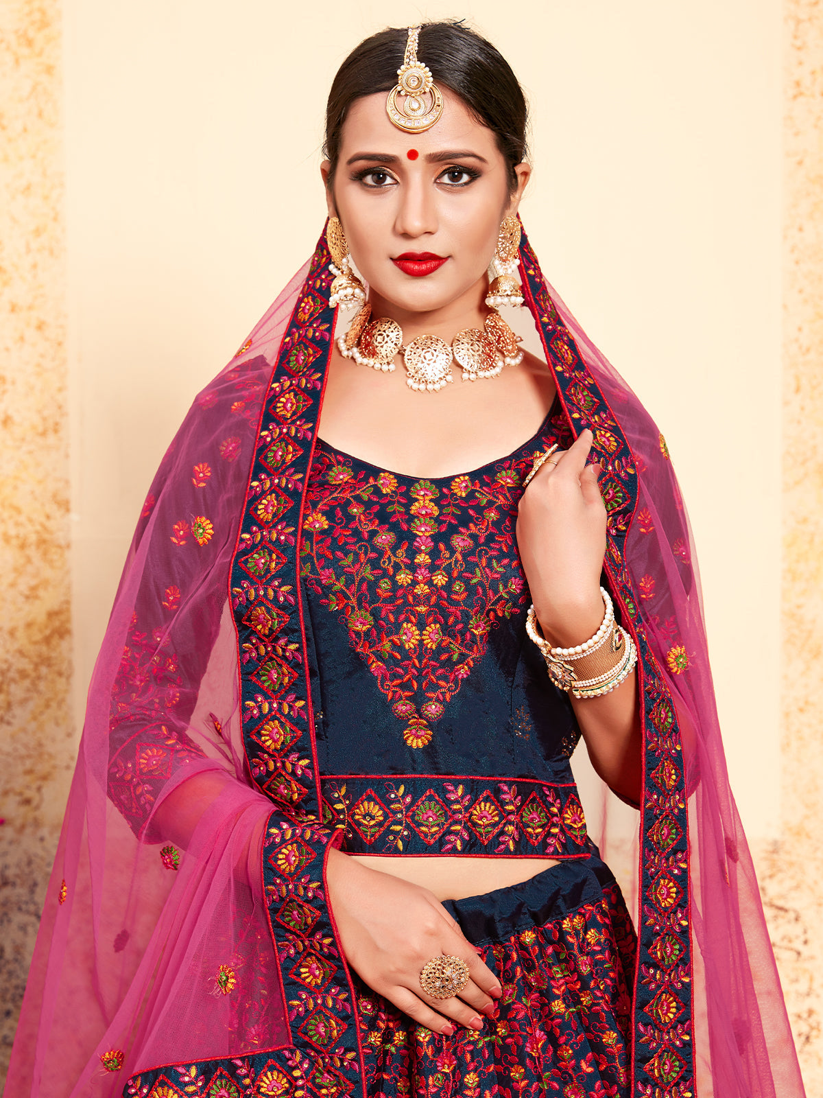 Dark Blue Designer Semi Stitched Lehenga With Unstitched Blouse
