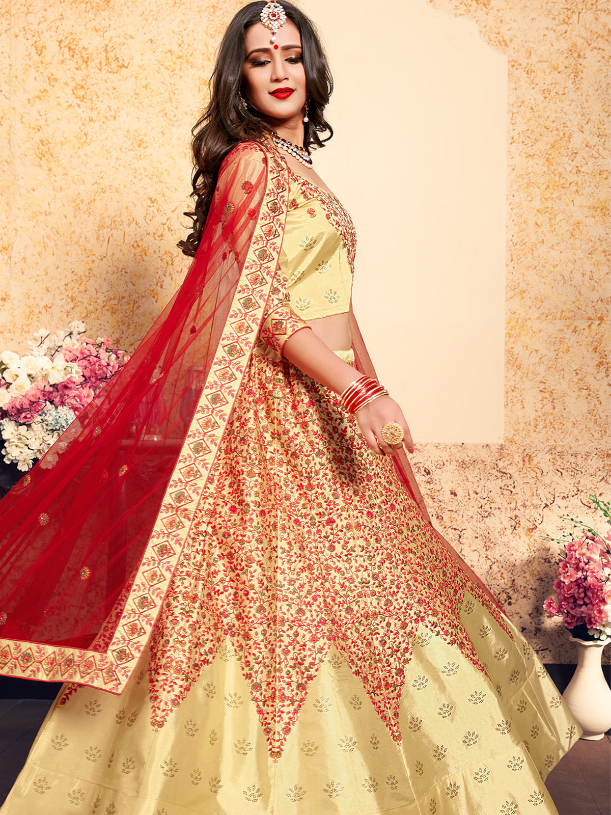 Beige Satin Embroidered Semi Stitched Lehenga With Unstitched Blouse
