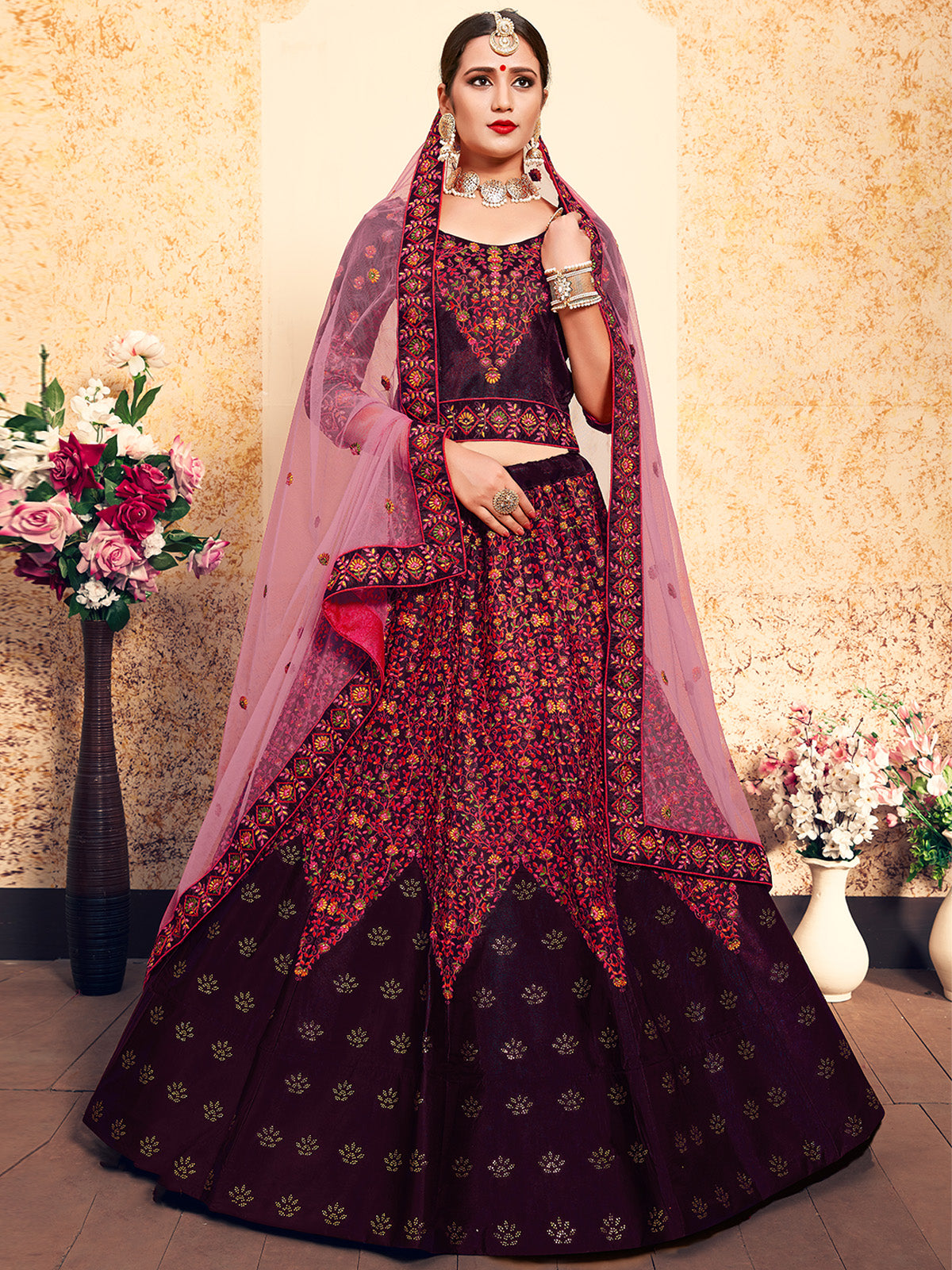 Brown Classy Semi Stitched Lehenga With Unstitched Blouse