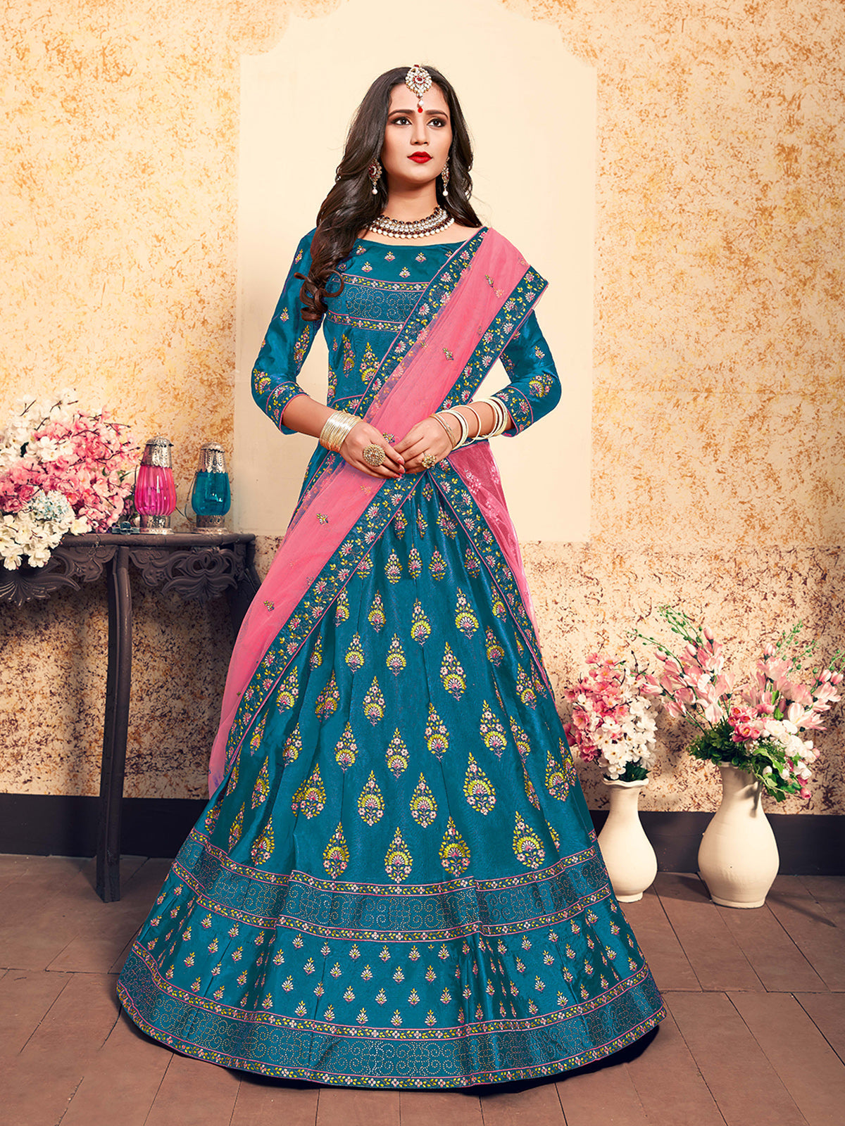 Semi Stitched Teal Embroidered Semi Stitched Lehenga With Unstitched Blouse