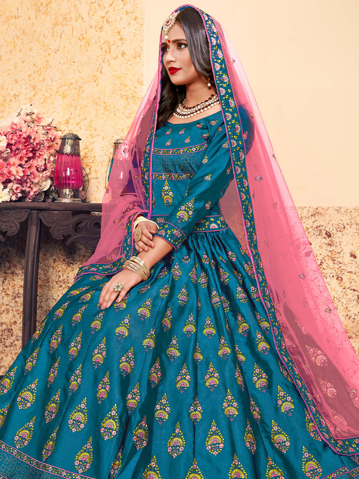Semi Stitched Teal Embroidered Semi Stitched Lehenga With Unstitched Blouse