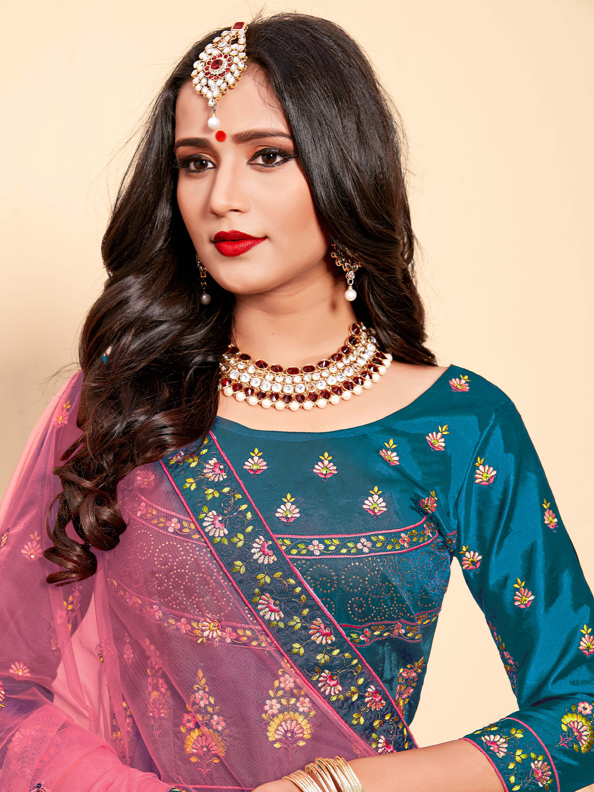 Semi Stitched Teal Embroidered Semi Stitched Lehenga With Unstitched Blouse