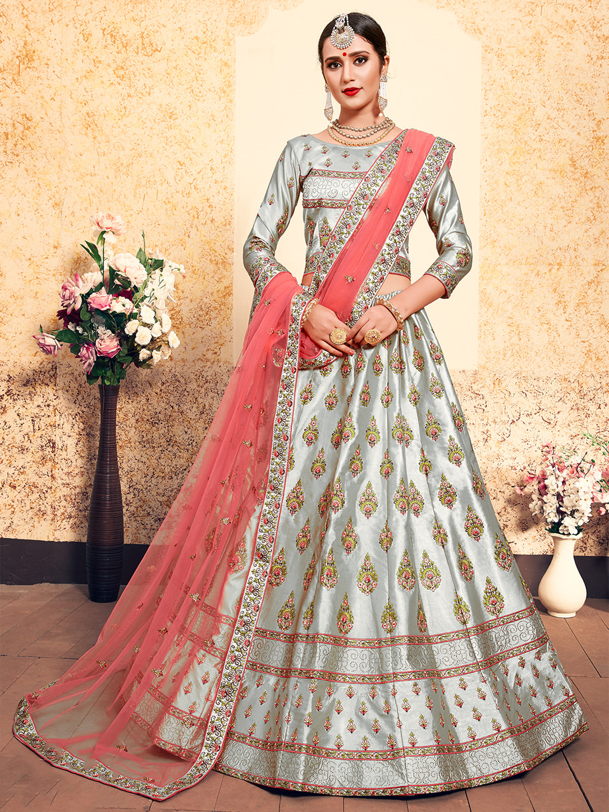 Grey Designer Semi Stitched Lehenga With Unstitched Blouse
