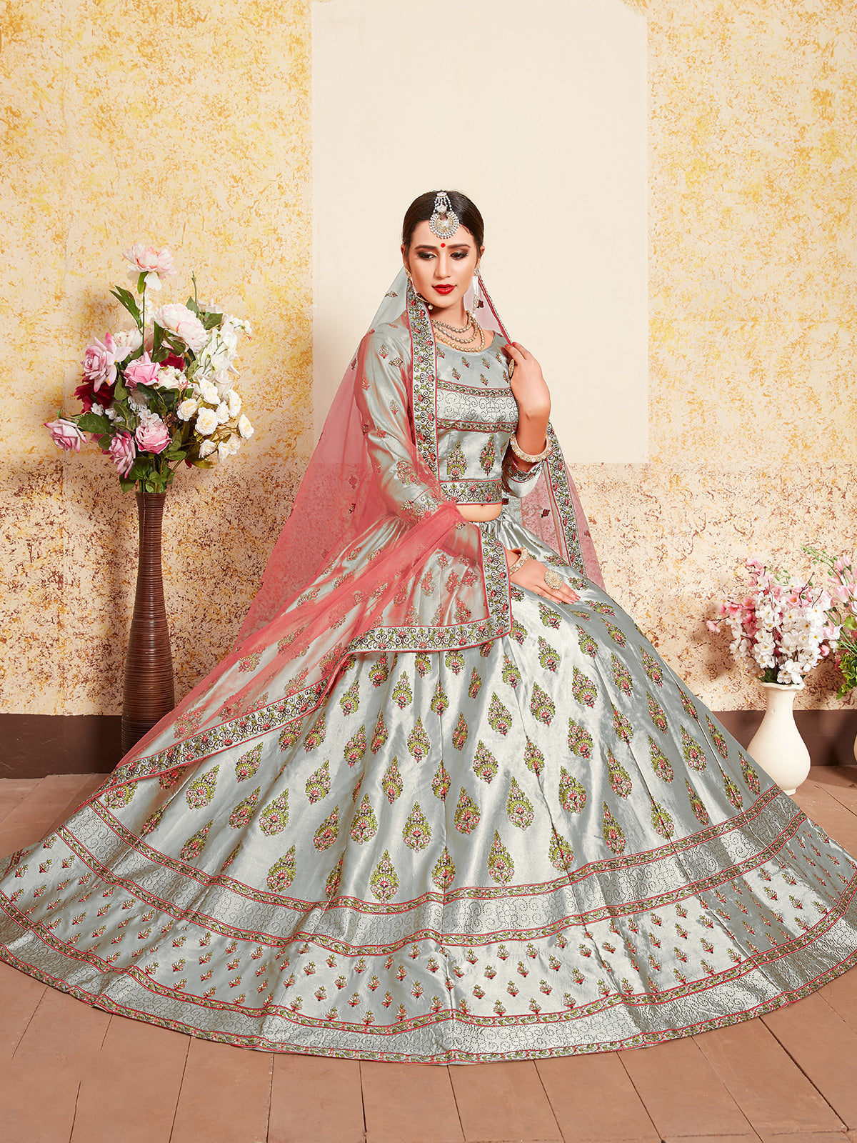 Grey Designer Semi Stitched Lehenga With Unstitched Blouse